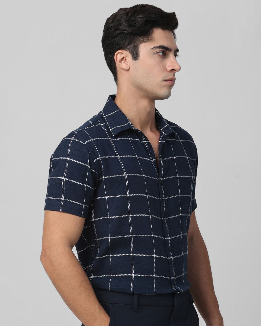 Navy Windowpane Check Slim Fit Casual Shirt