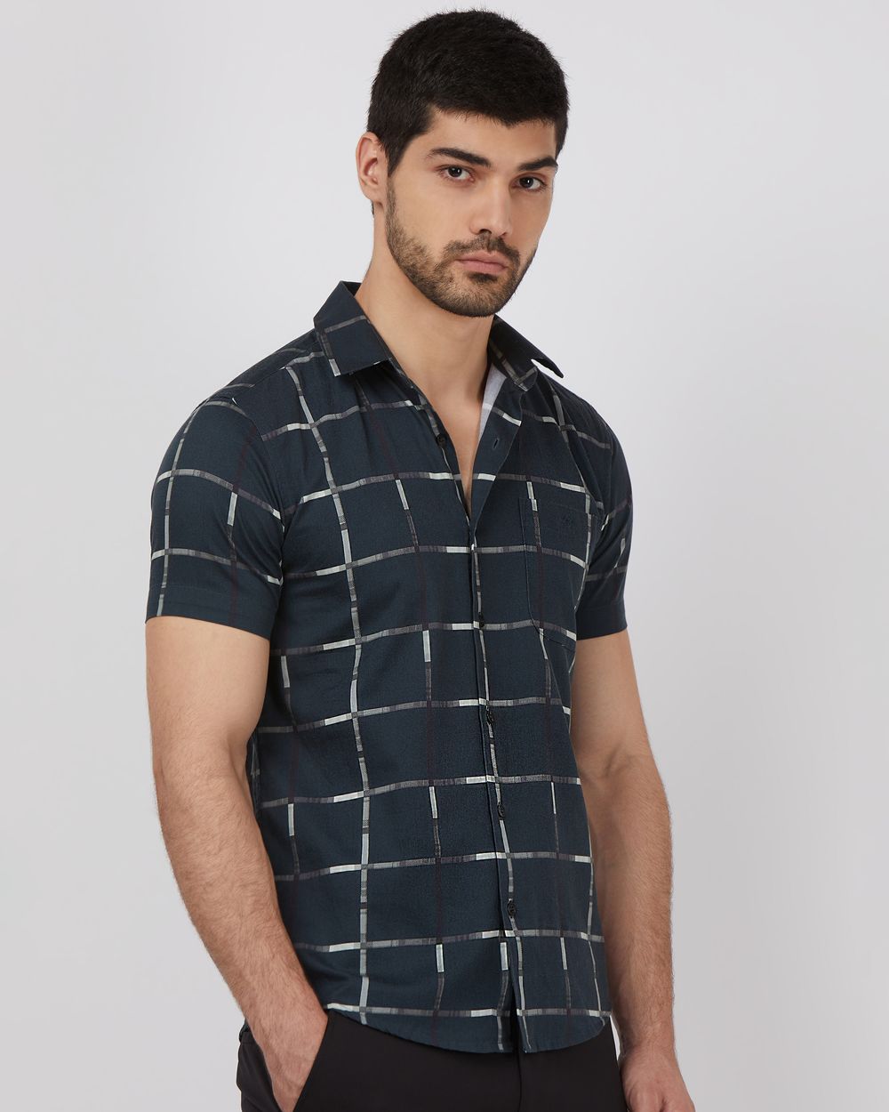 Dark Green Large Check Slim Fit Casual Shirt