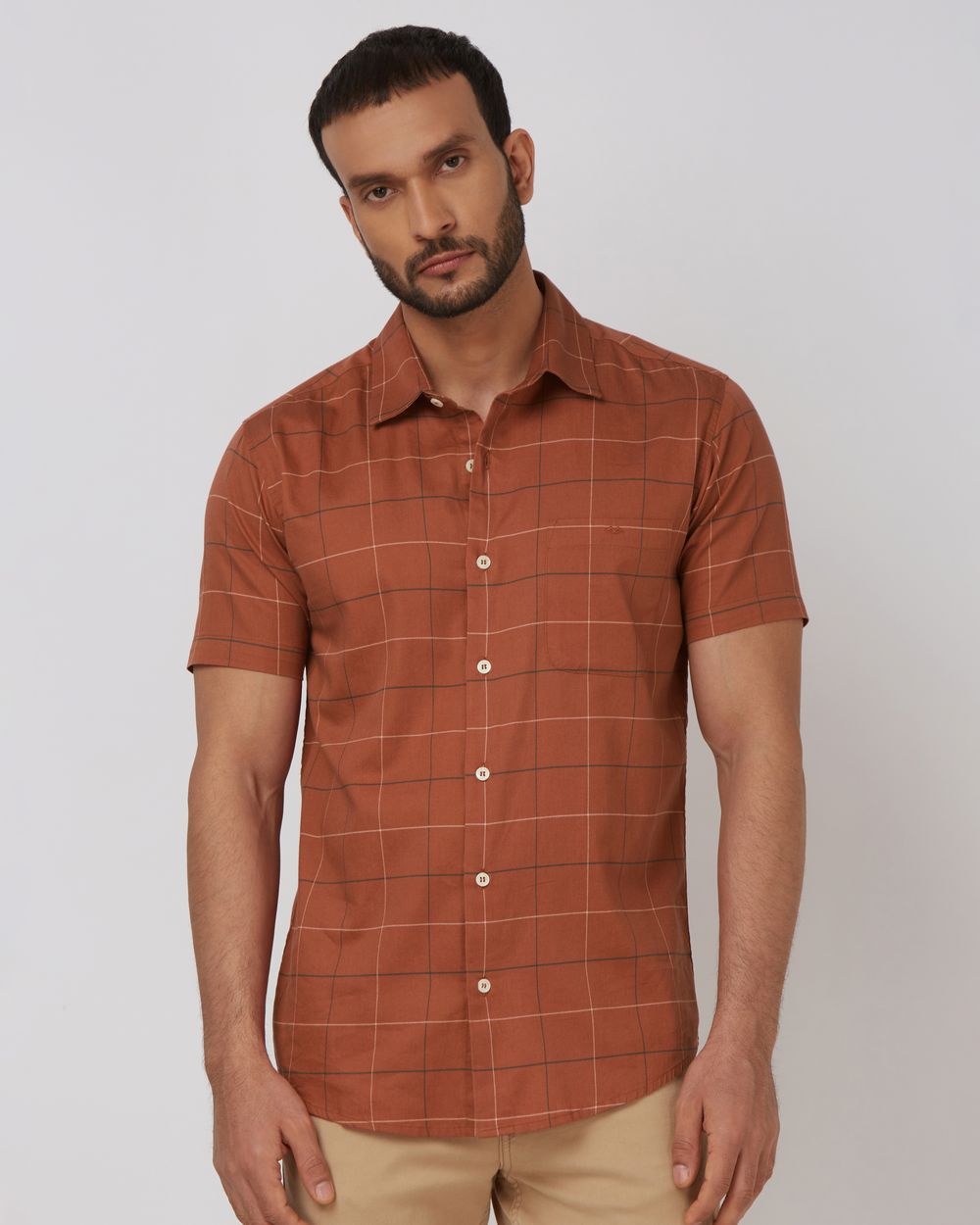 Rust Windowpane Check Slim Fit Casual Shirt