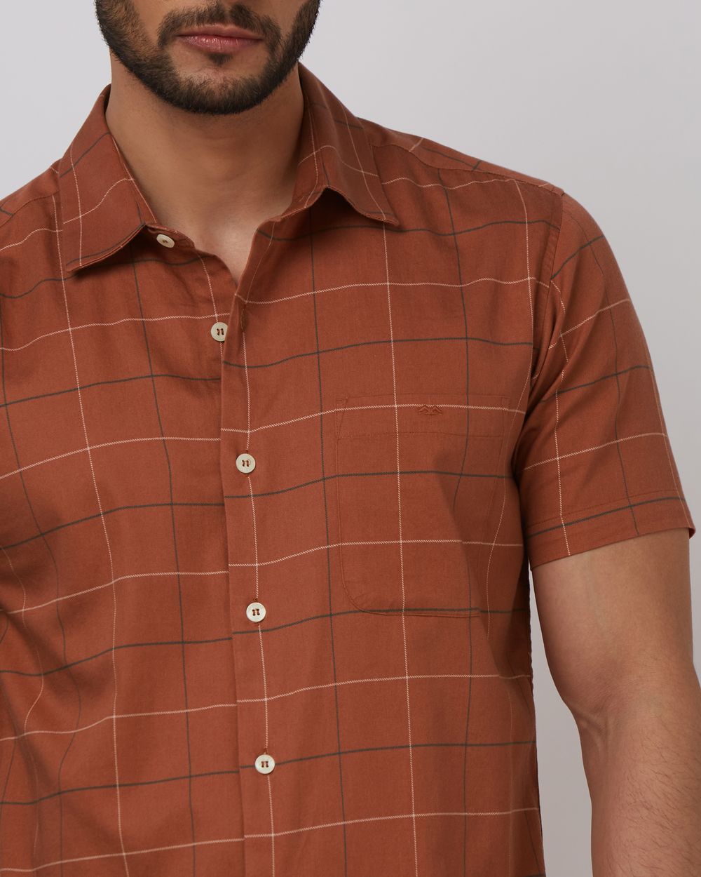 Rust Windowpane Check Slim Fit Casual Shirt