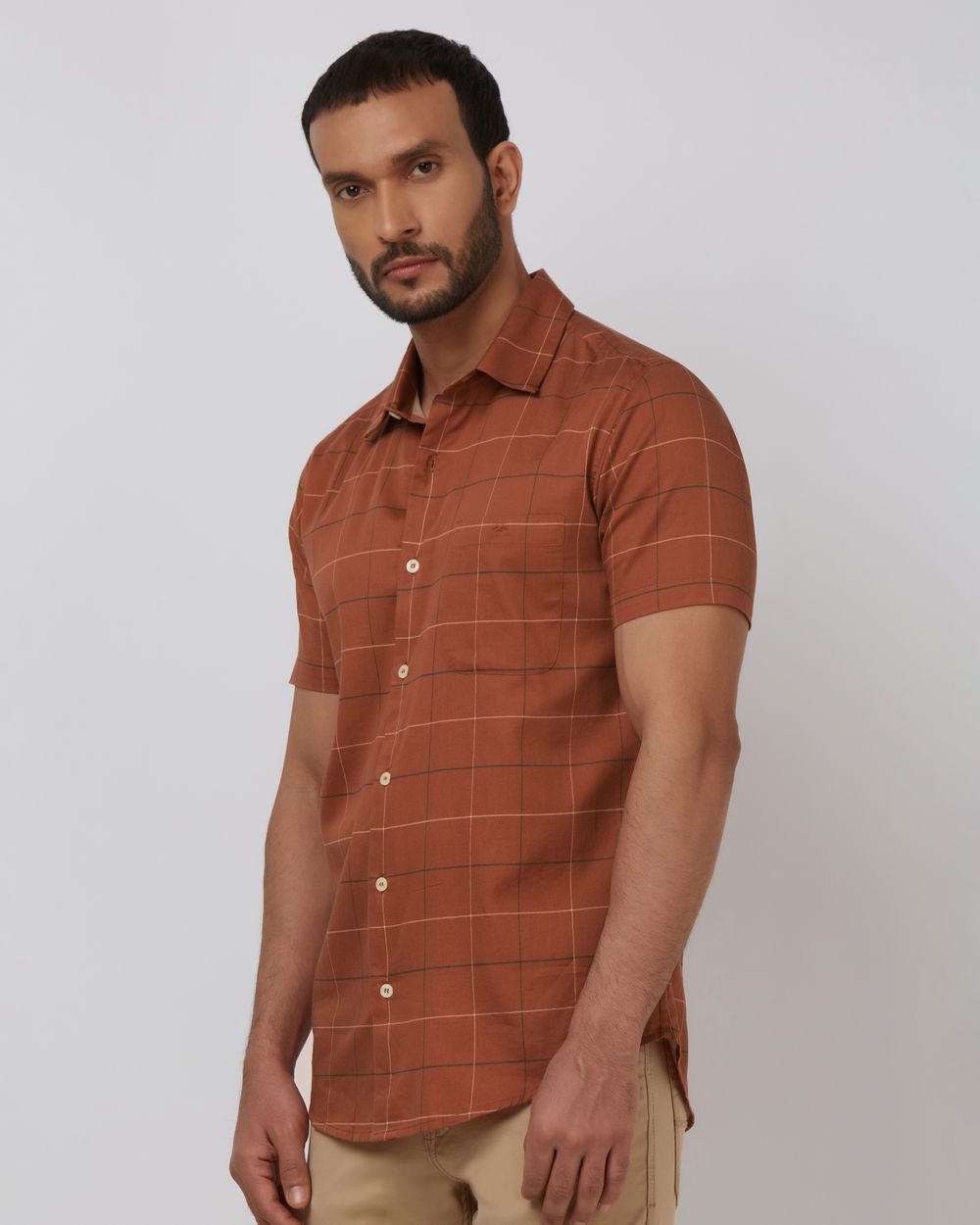 Rust Windowpane Check Slim Fit Casual Shirt