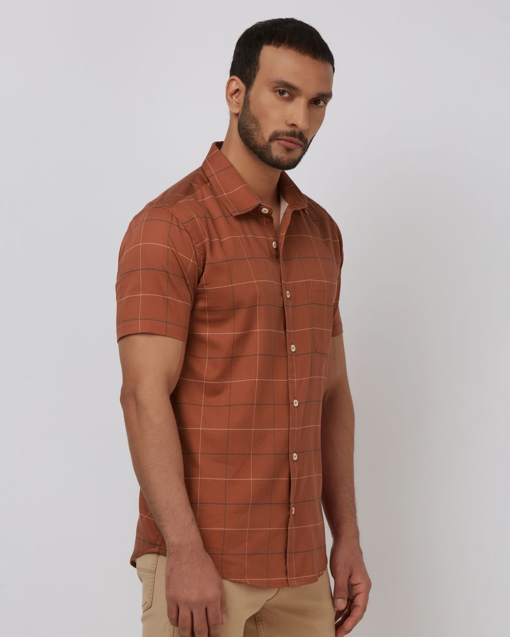 Rust Windowpane Check Slim Fit Casual Shirt