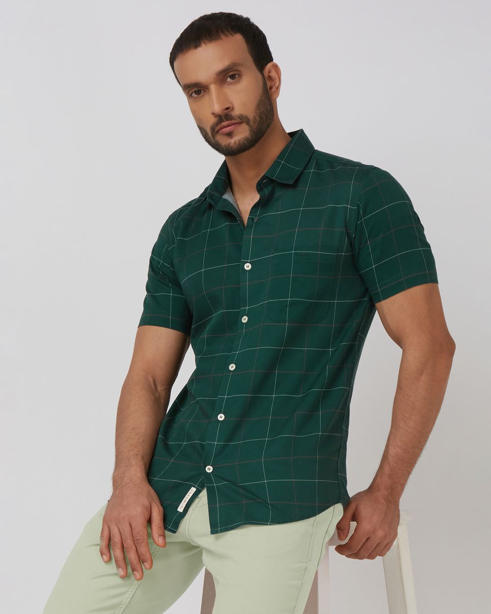 Dark Green Windowpane Check Slim Fit Casual Shirt