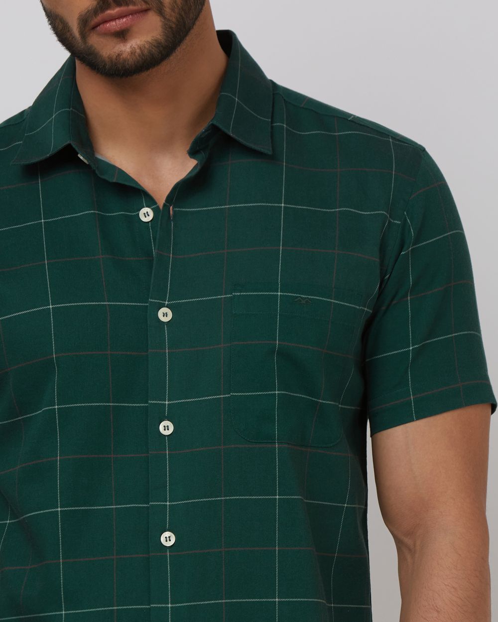 Dark Green Windowpane Check Slim Fit Casual Shirt
