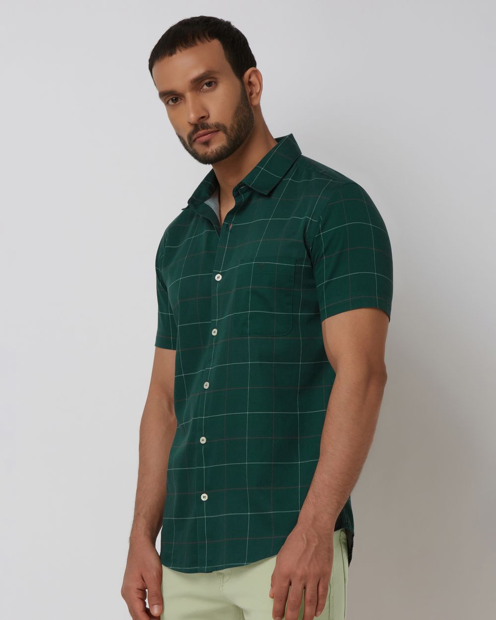 Dark Green Windowpane Check Slim Fit Casual Shirt