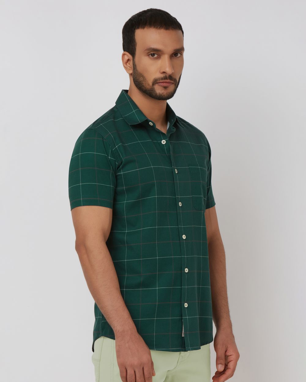 Dark Green Windowpane Check Slim Fit Casual Shirt