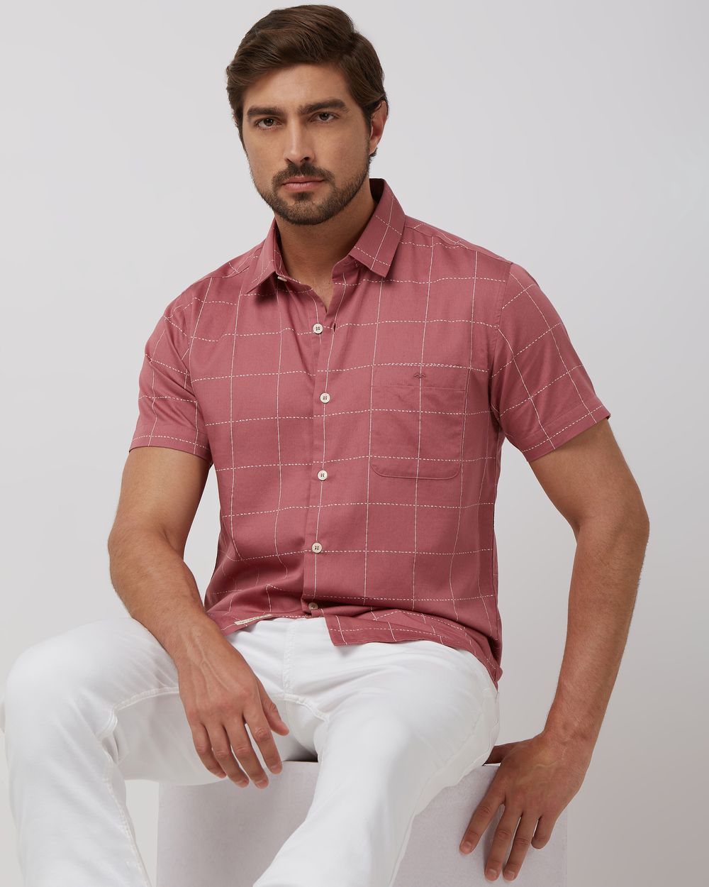Pink Windowpane Check Slim Fit Casual Shirt