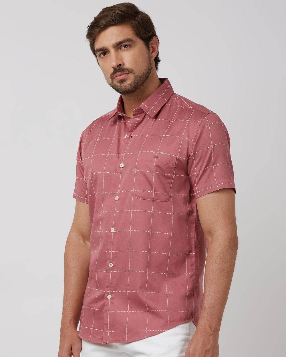 Pink Windowpane Check Slim Fit Casual Shirt