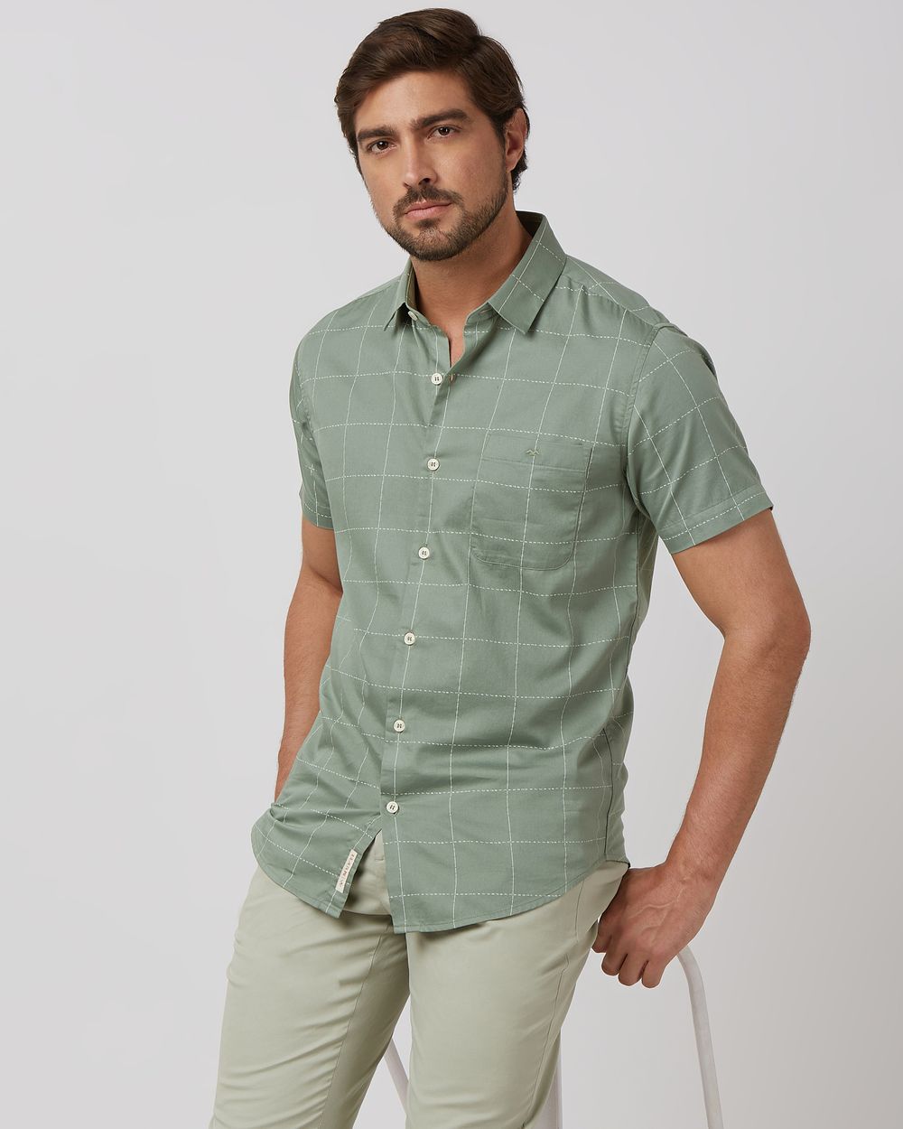 Light Olive Windowpane Check Slim Fit Casual Shirt