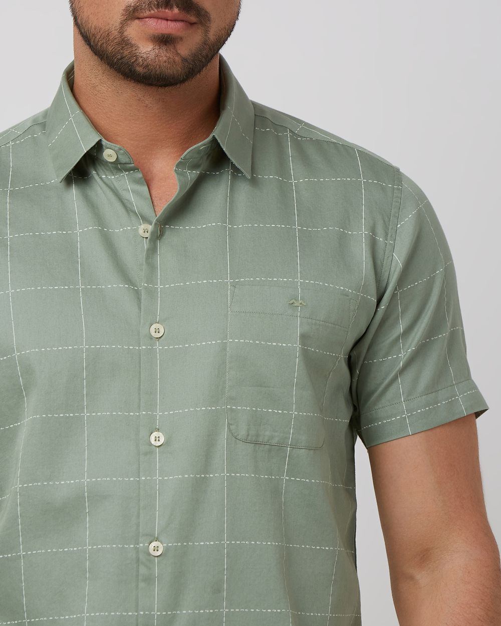 Light Olive Windowpane Check Slim Fit Casual Shirt