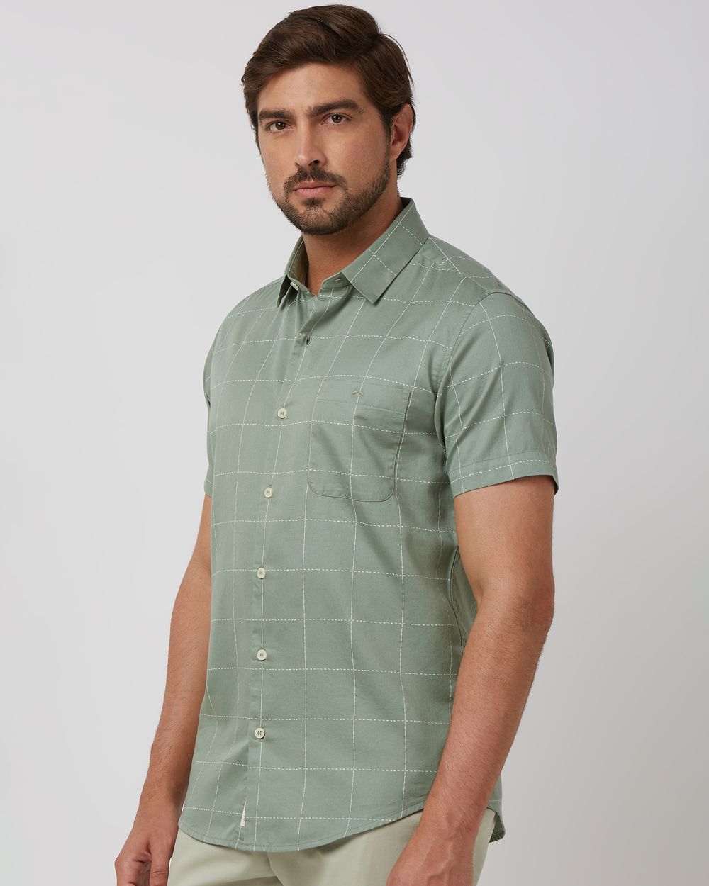 Light Olive Windowpane Check Slim Fit Casual Shirt