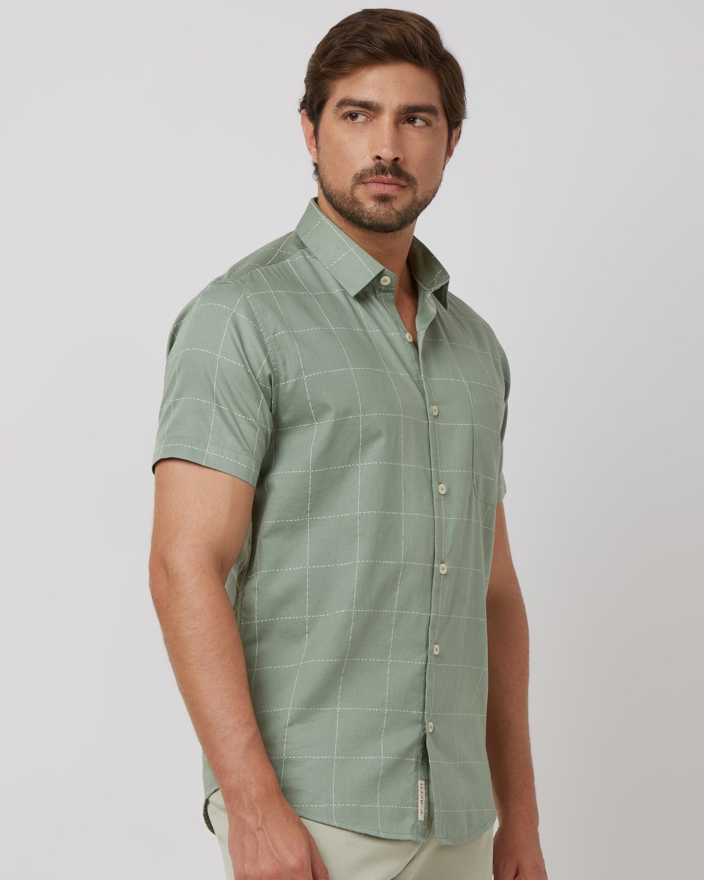 Light Olive Windowpane Check Slim Fit Casual Shirt