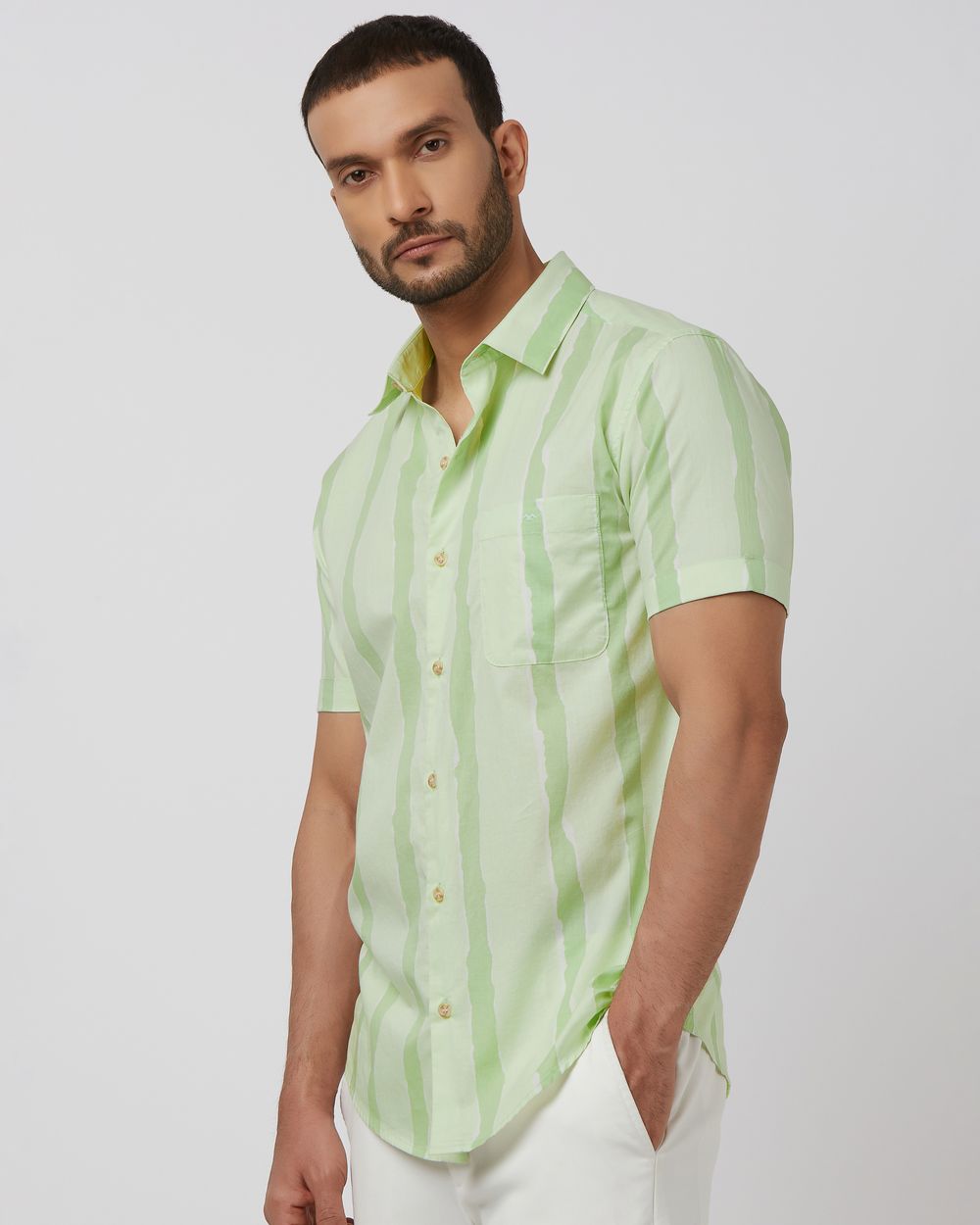 Light Green Painted Stripe Slim Fit Casual Shirt