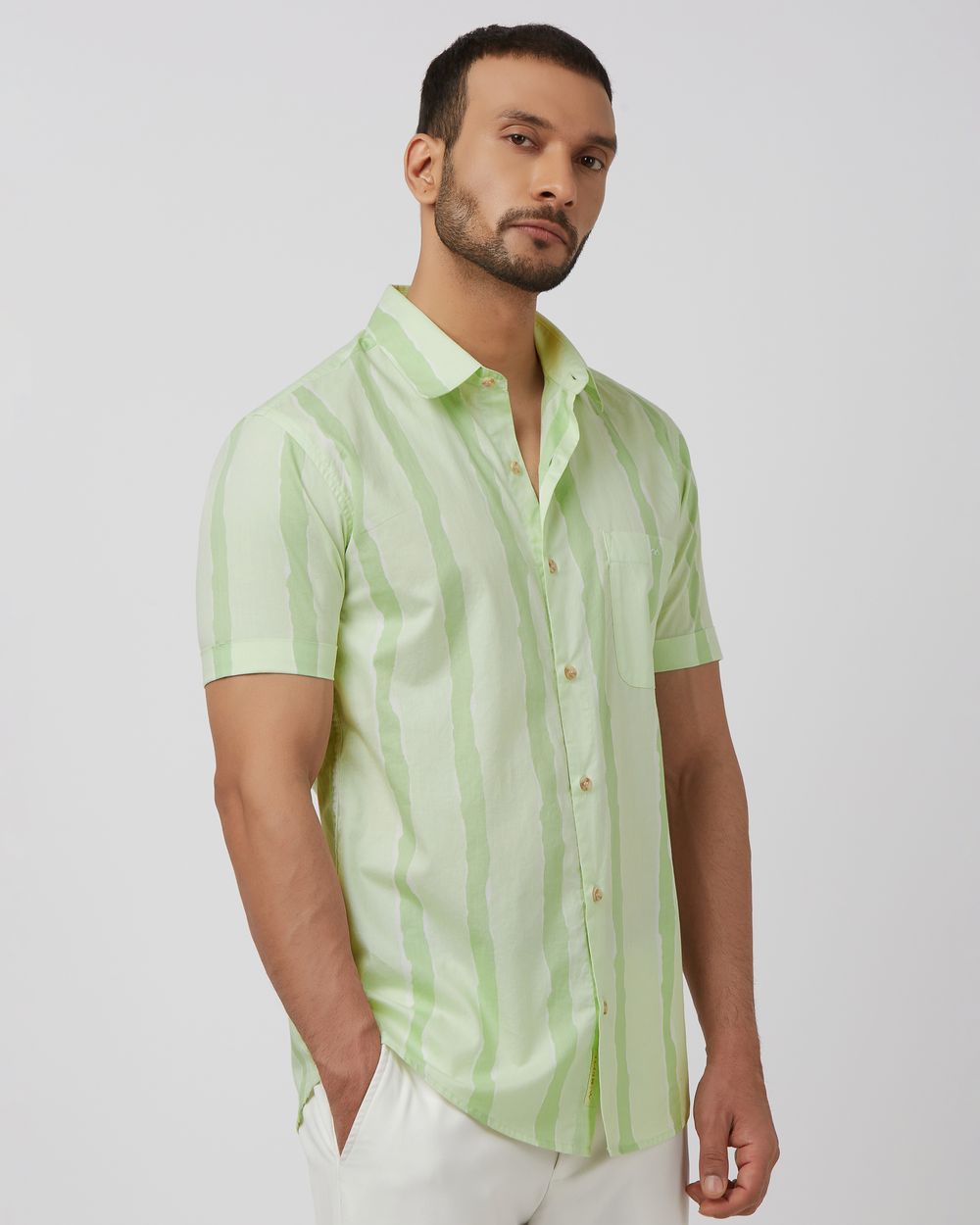 Light Green Painted Stripe Slim Fit Casual Shirt