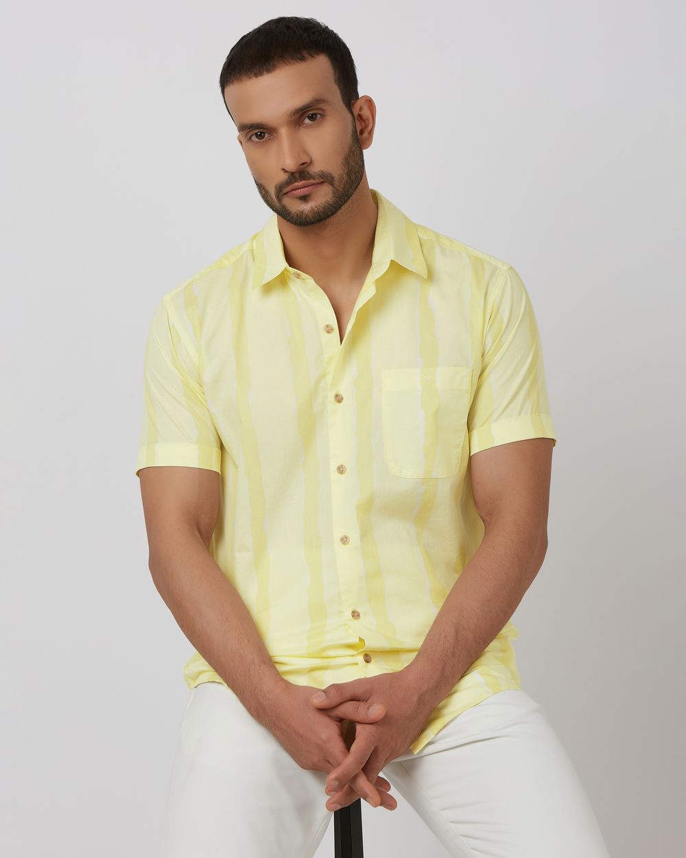 Light Yellow Painted Stripe Slim Fit Casual Shirt