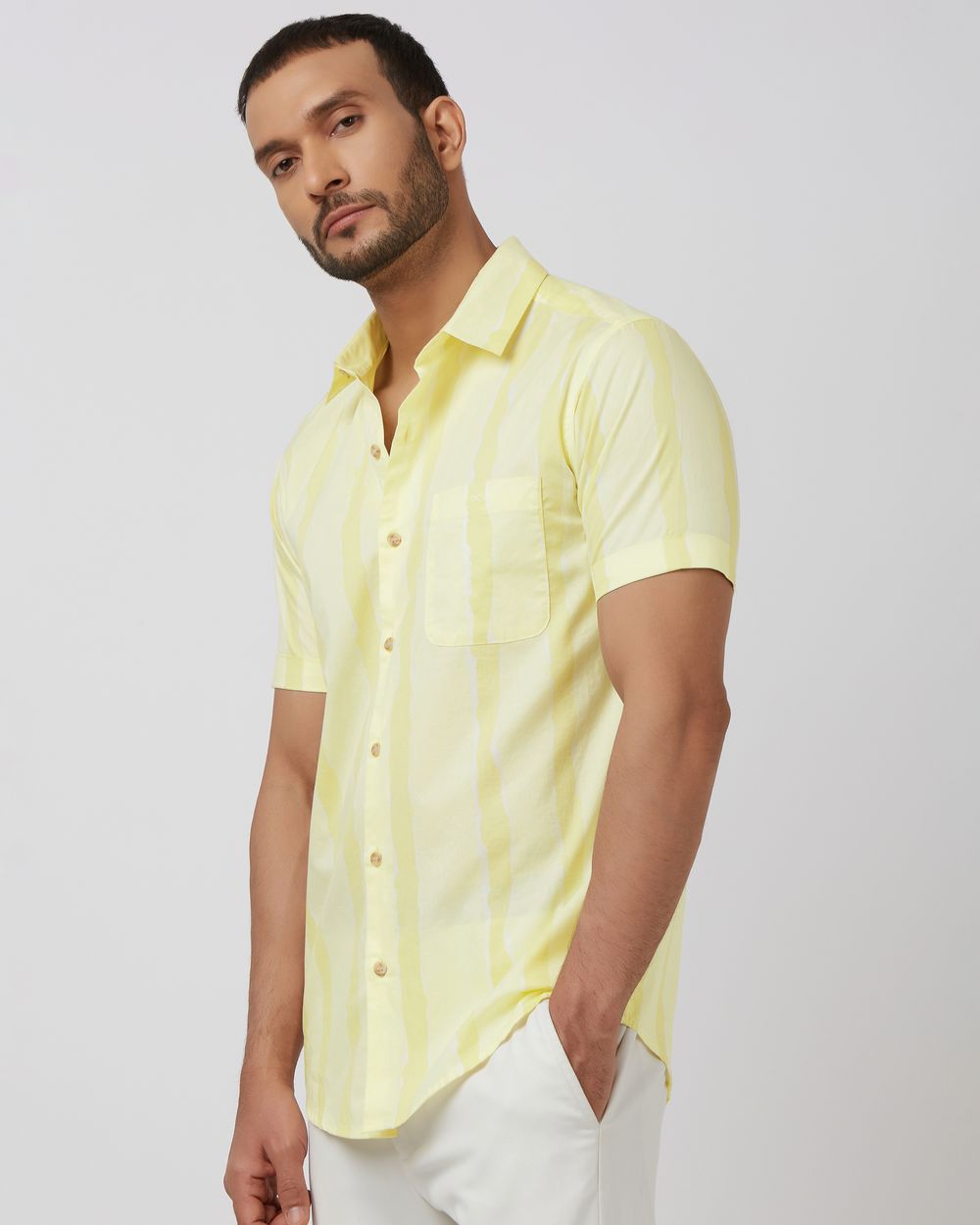 Light Yellow Painted Stripe Slim Fit Casual Shirt