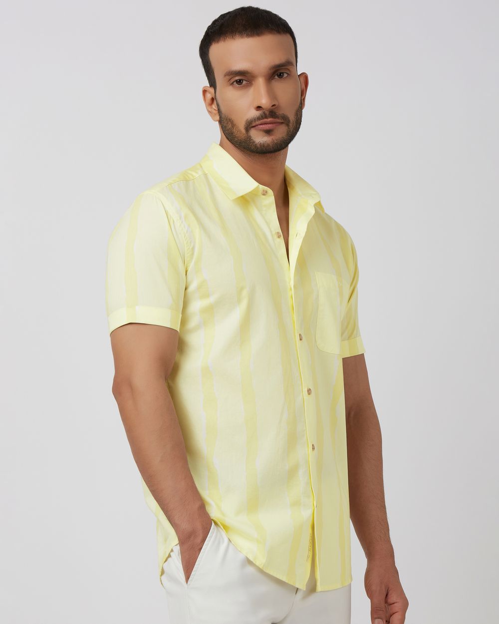Light Yellow Painted Stripe Slim Fit Casual Shirt