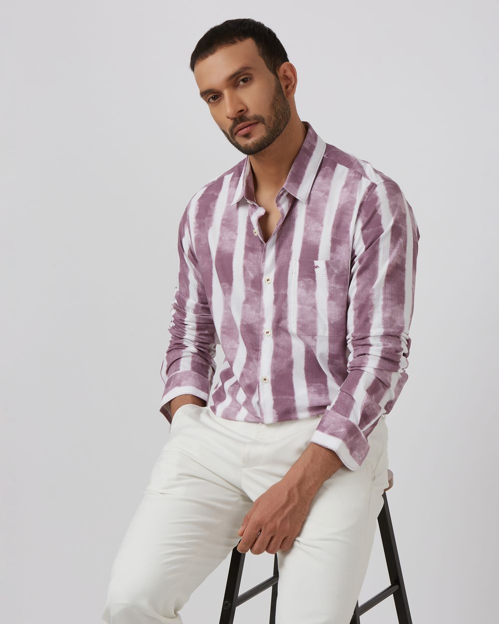 Lilac Painted Stripe Slim Fit Casual Shirt