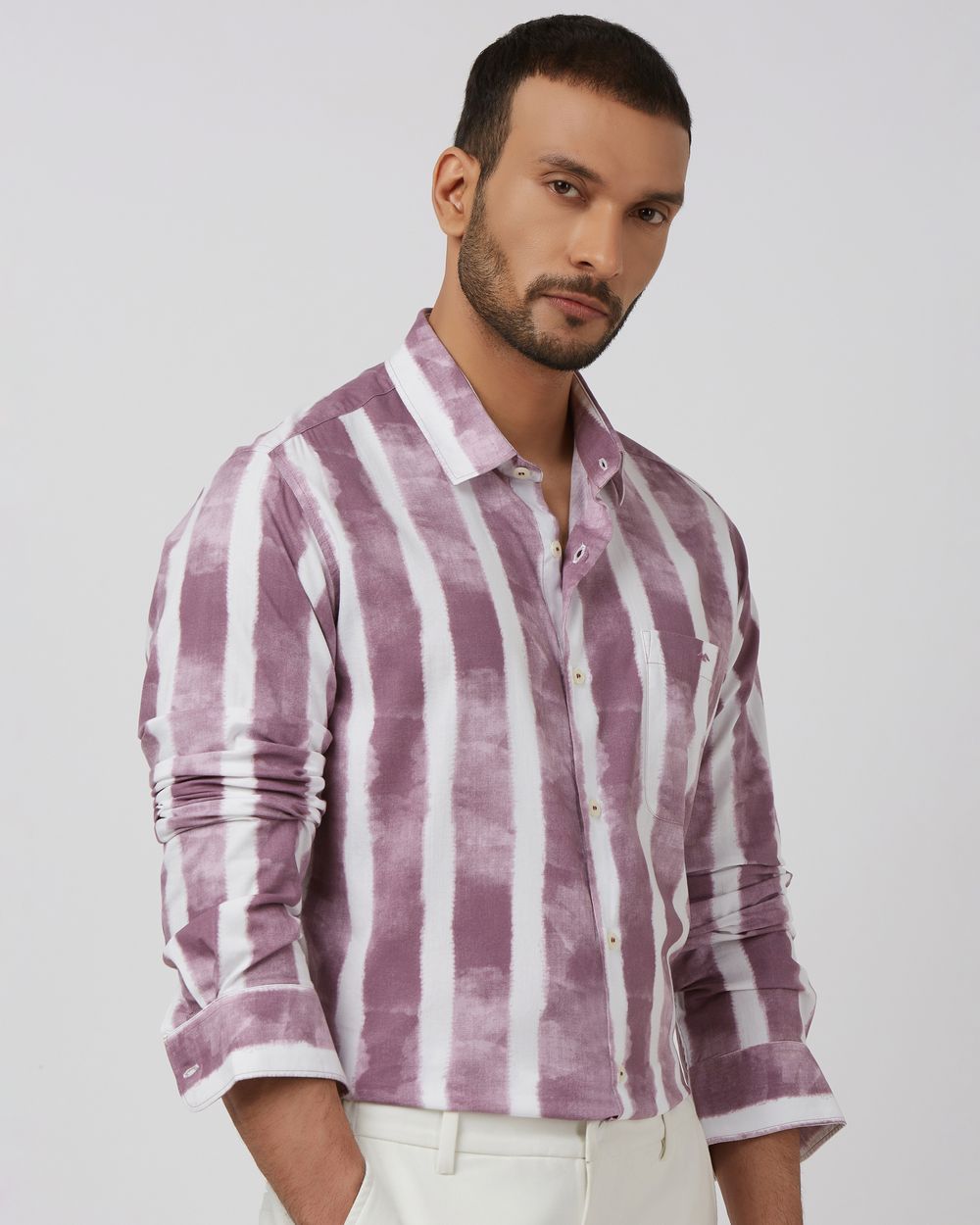 Lilac Painted Stripe Slim Fit Casual Shirt