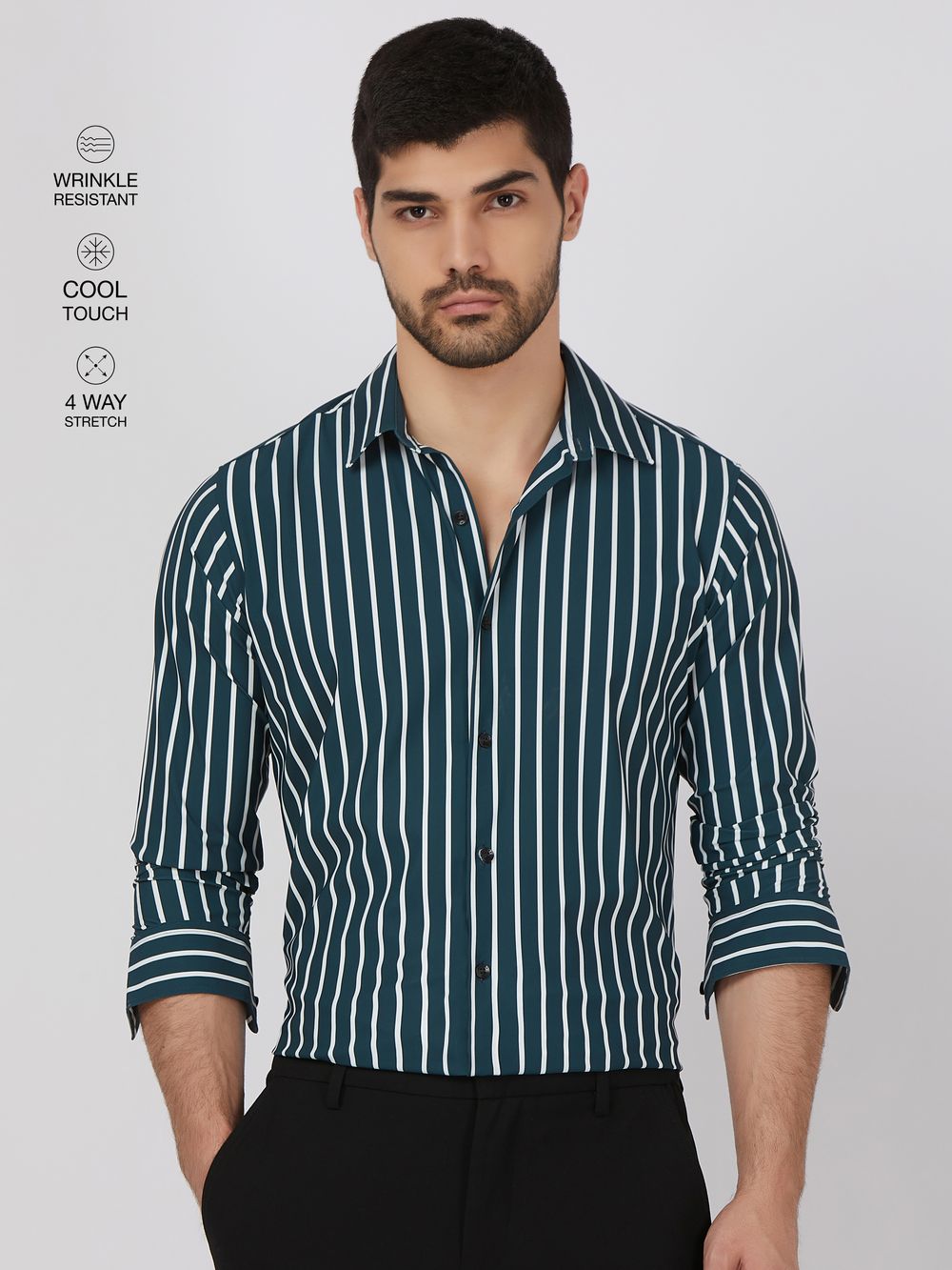 Dark Green Bengal Stripe Stretch Slim Fit Casual Shirt