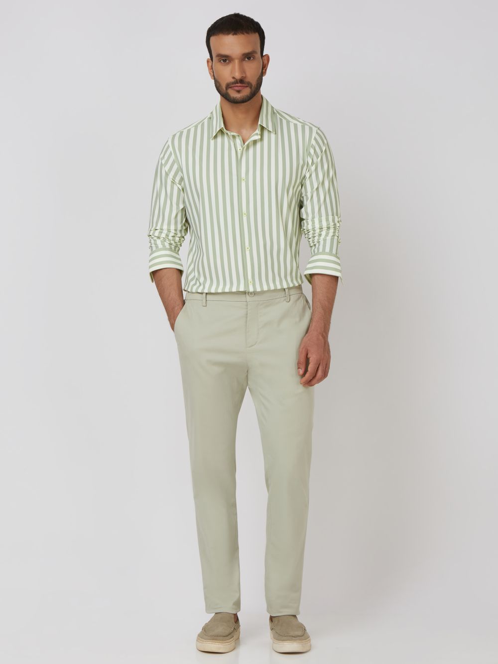 Green white striped pants top