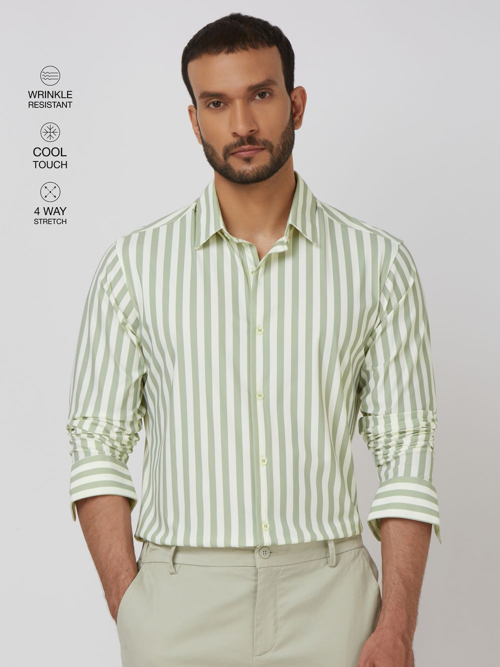 Light Green Candy Stripe Stretch Slim Fit Casual Shirt