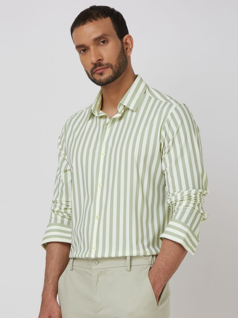 Light Green Candy Stripe Stretch Slim Fit Casual Shirt
