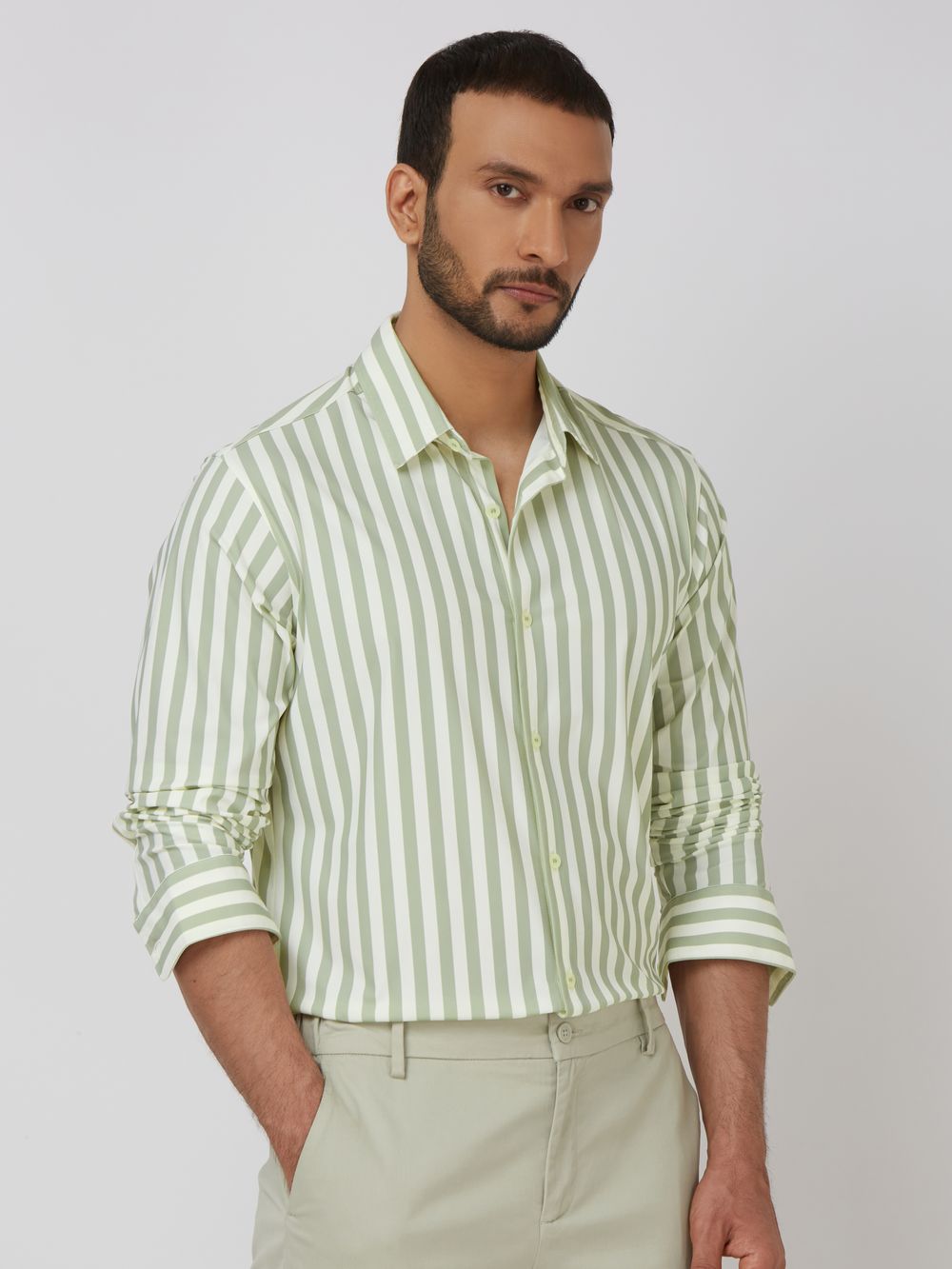 Light Green Candy Stripe Stretch Slim Fit Casual Shirt