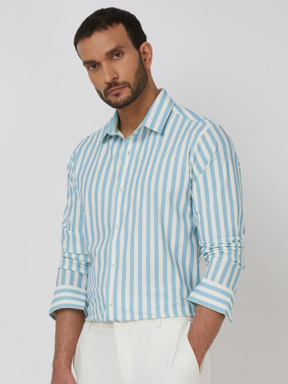 Turquoise Candy Stripe Stretch Slim Fit Casual Shirt