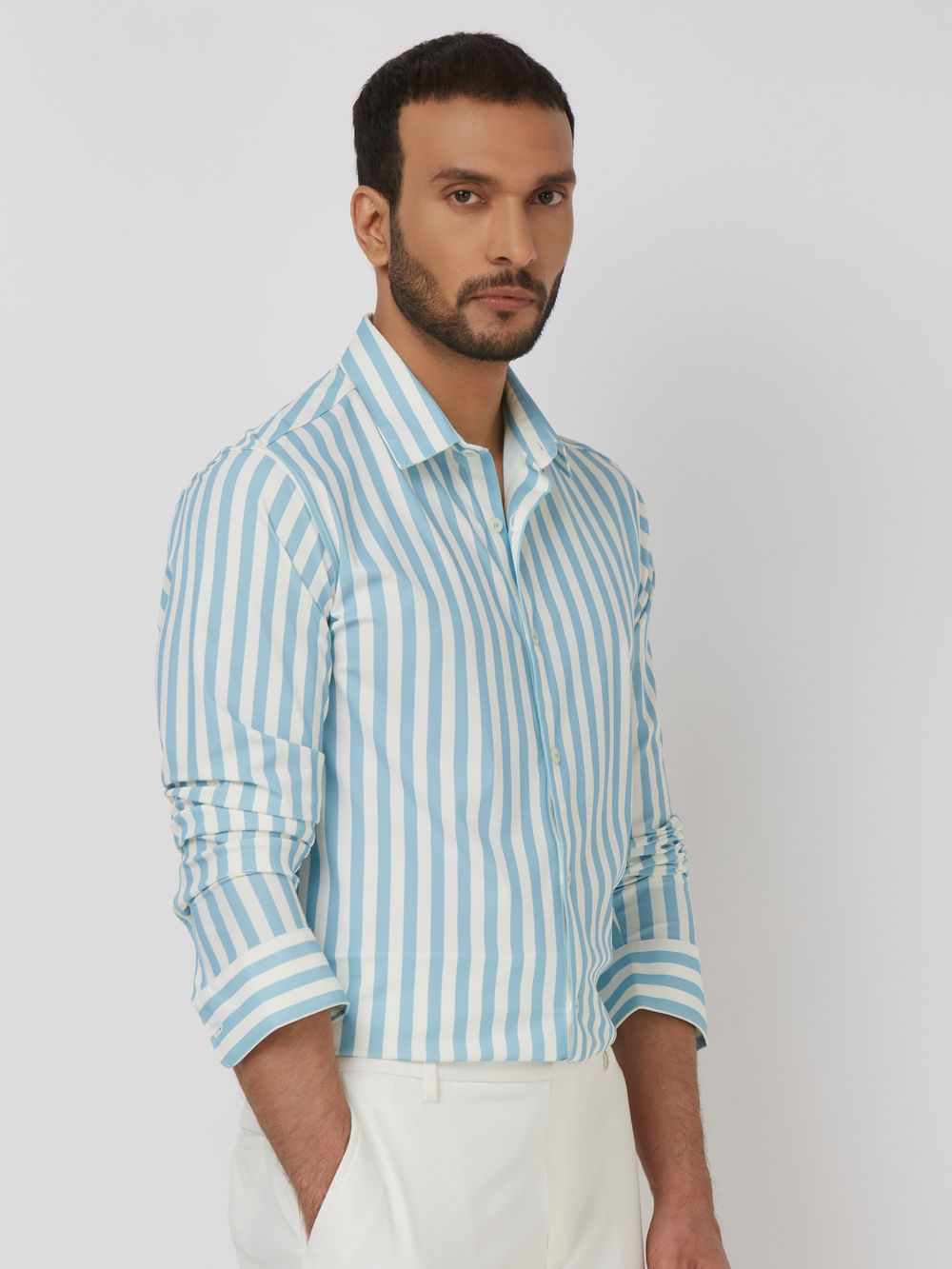 Turquoise Candy Stripe Stretch Slim Fit Casual Shirt
