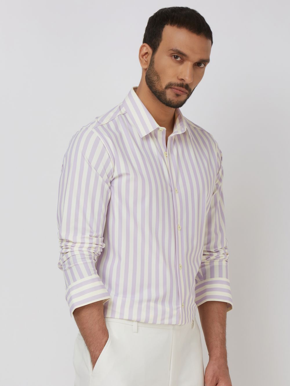 Lilac Candy Stripe Stretch Slim Fit Casual Shirt
