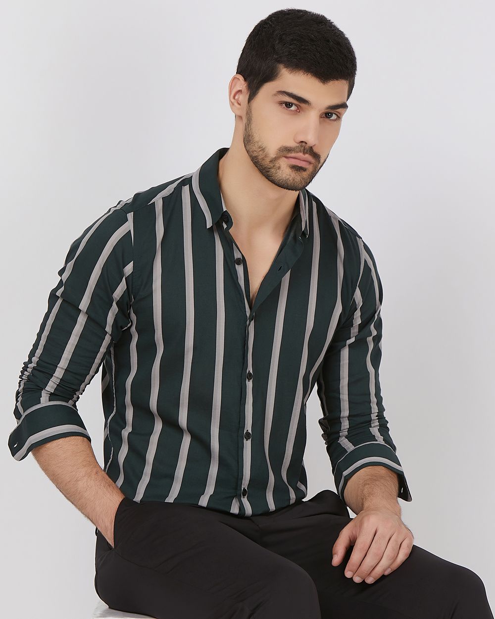 Dark Green Wide Stripe Slim Fit Casual Shirt
