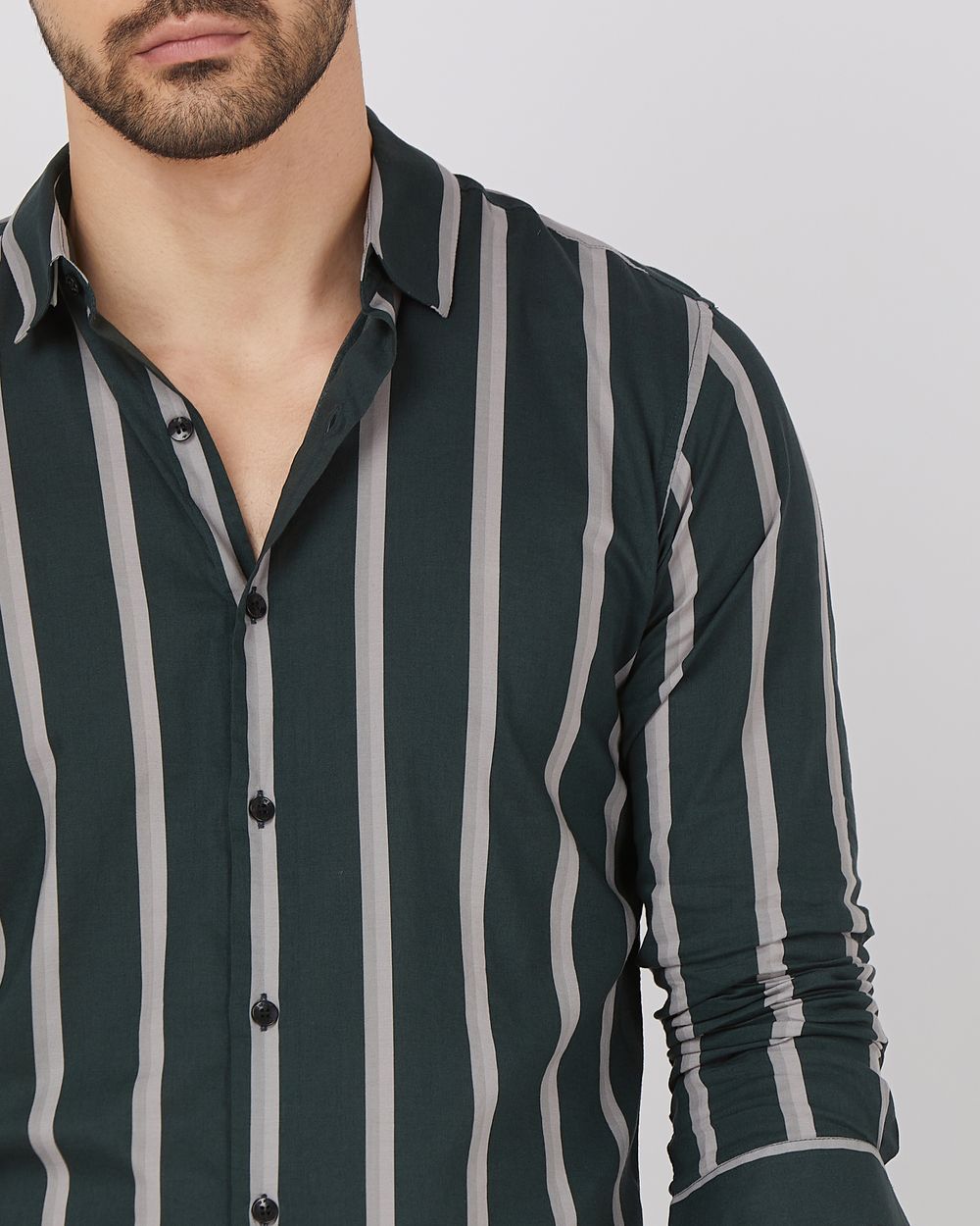 Dark Green Wide Stripe Slim Fit Casual Shirt