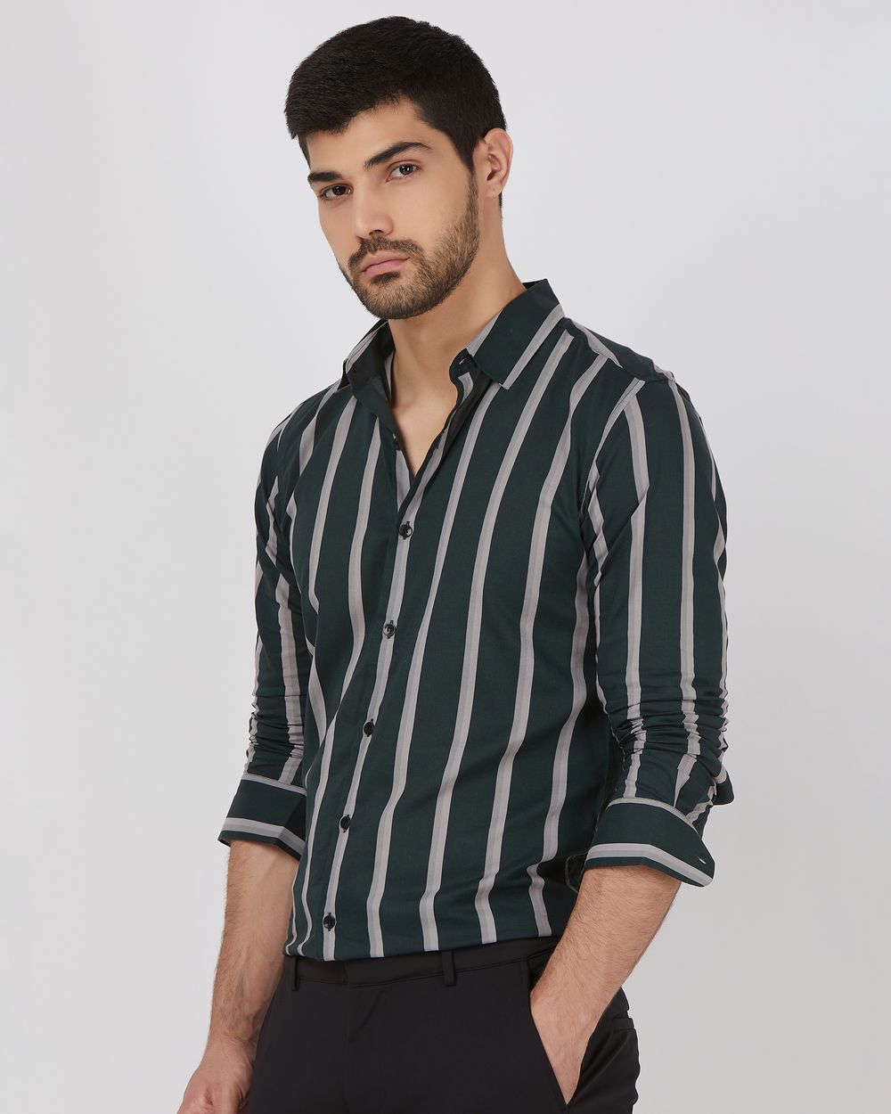 Dark Green Wide Stripe Slim Fit Casual Shirt