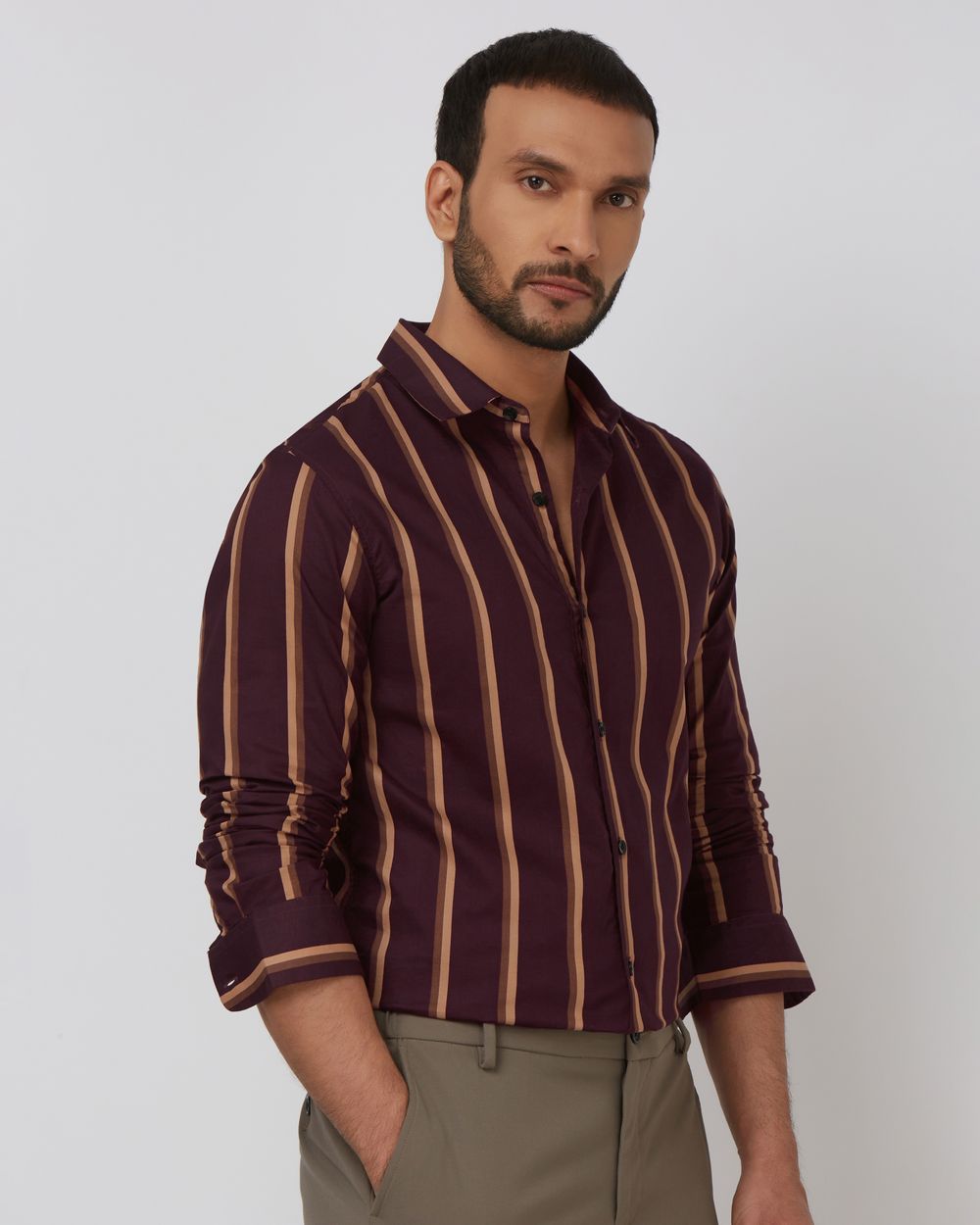 Maroon Wide Stripe Slim Fit Casual Shirt