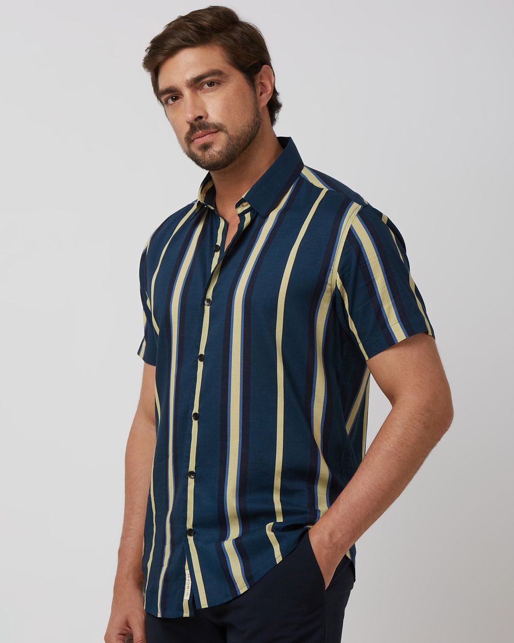 Navy Wide Stripe Slim Fit Casual Shirt