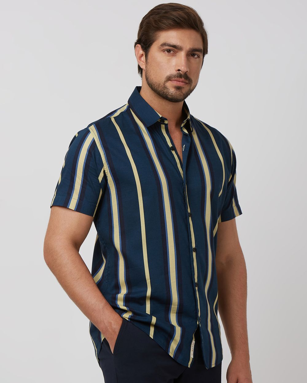 Navy Wide Stripe Slim Fit Casual Shirt