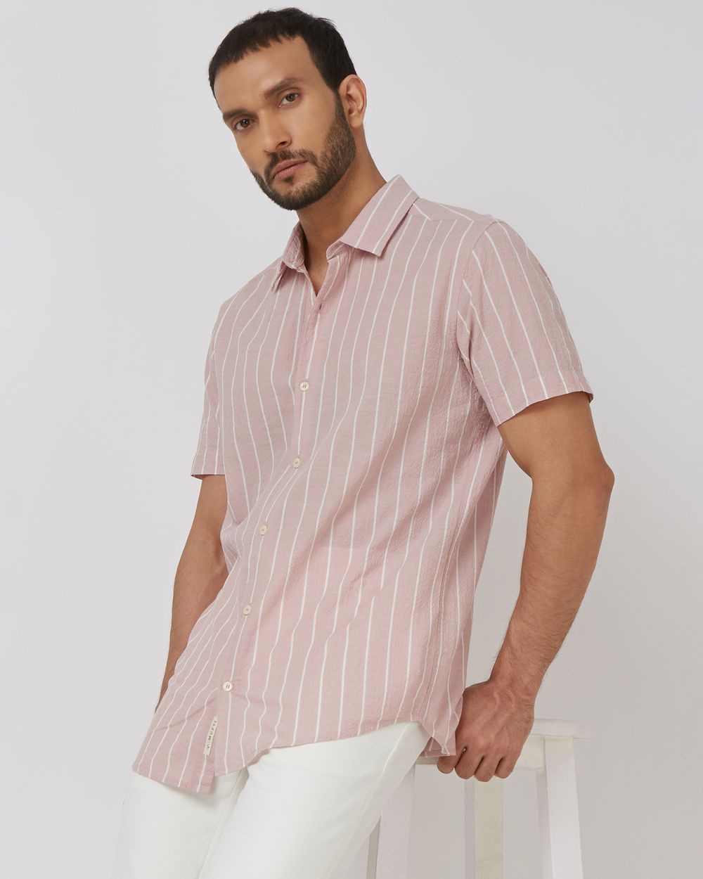 Pink Textured Stripe Slim Fit Casual Shirt
