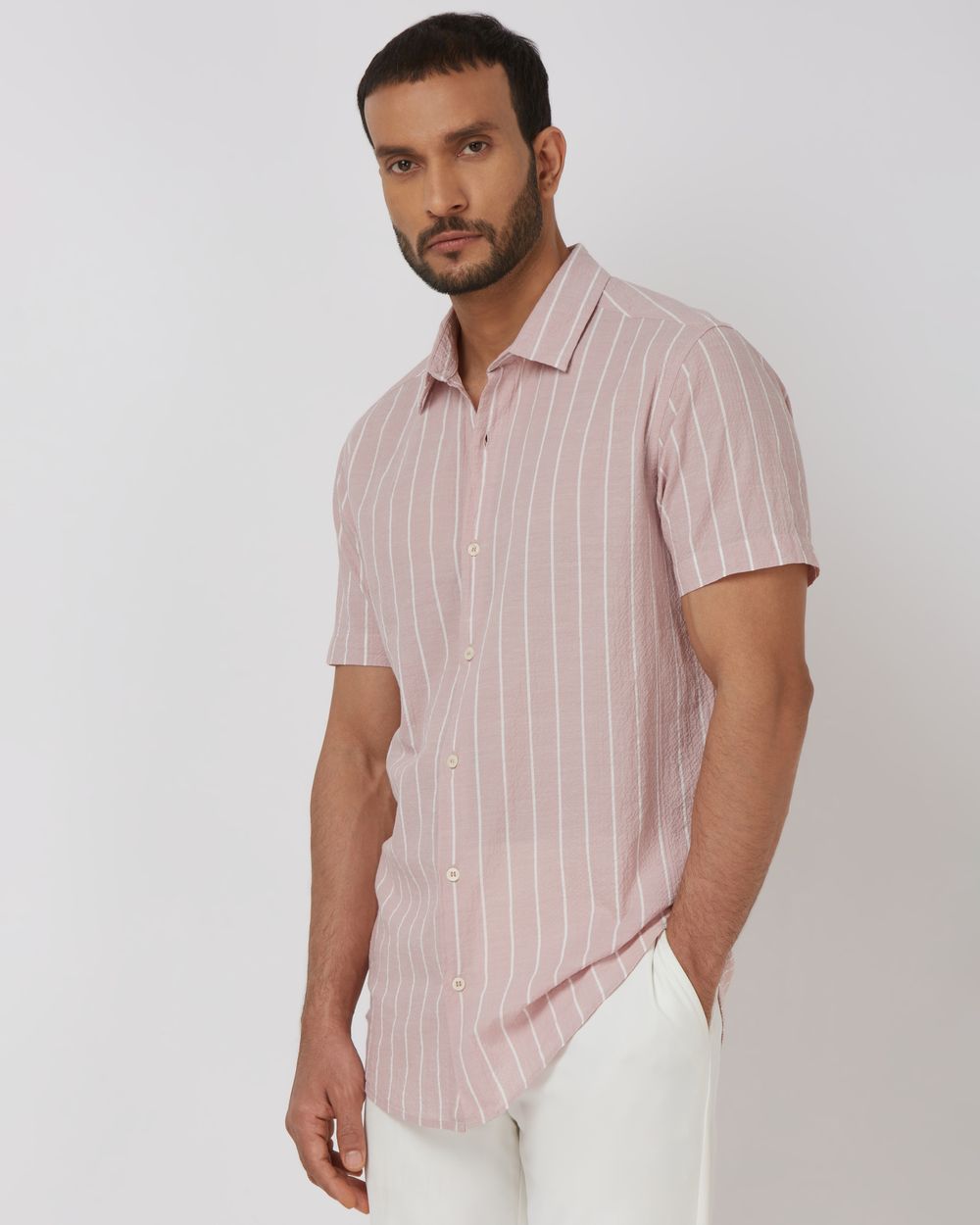 Pink Textured Stripe Slim Fit Casual Shirt