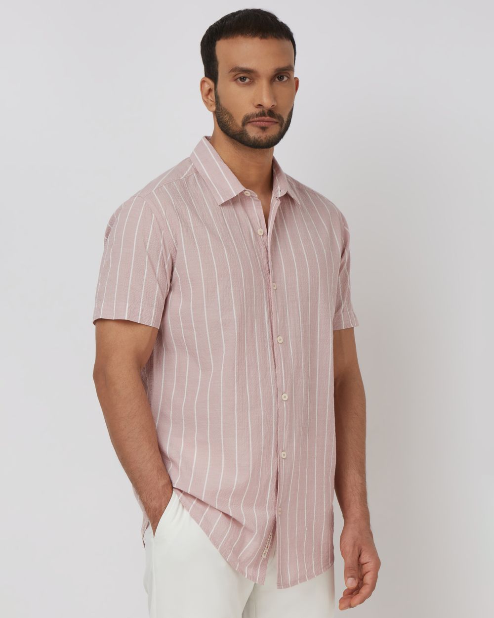 Pink Textured Stripe Slim Fit Casual Shirt