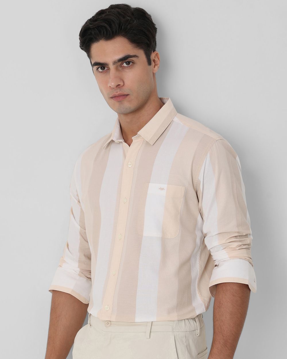 Beige Broad Stripe Slim Fit Casual Shirt