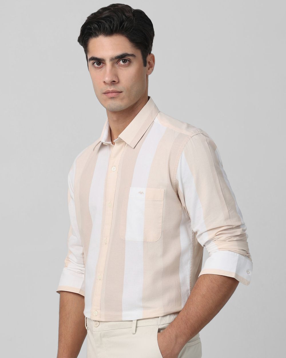 Beige Broad Stripe Slim Fit Casual Shirt
