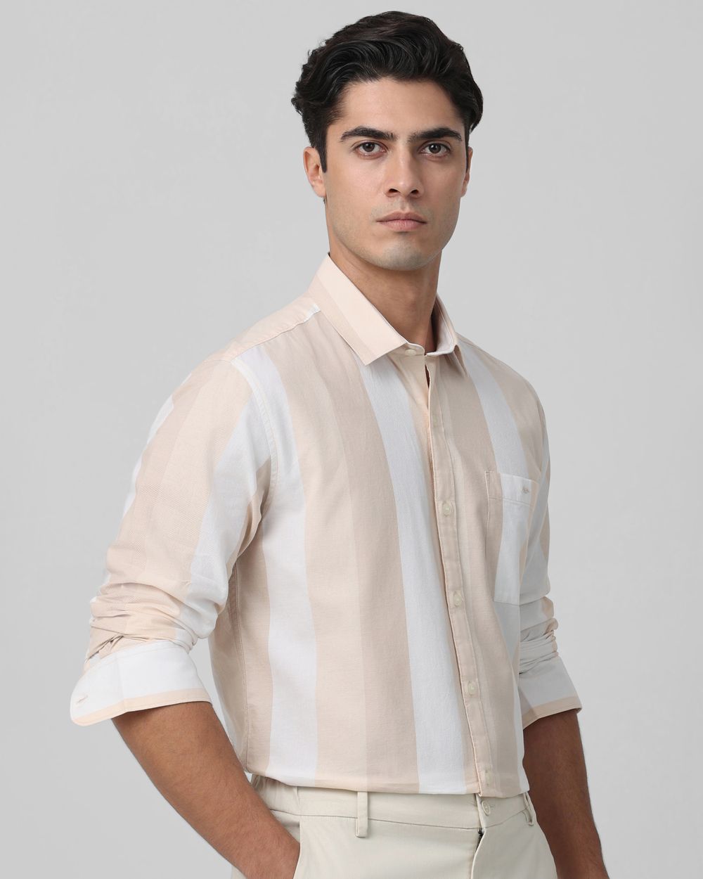 Beige Broad Stripe Slim Fit Casual Shirt