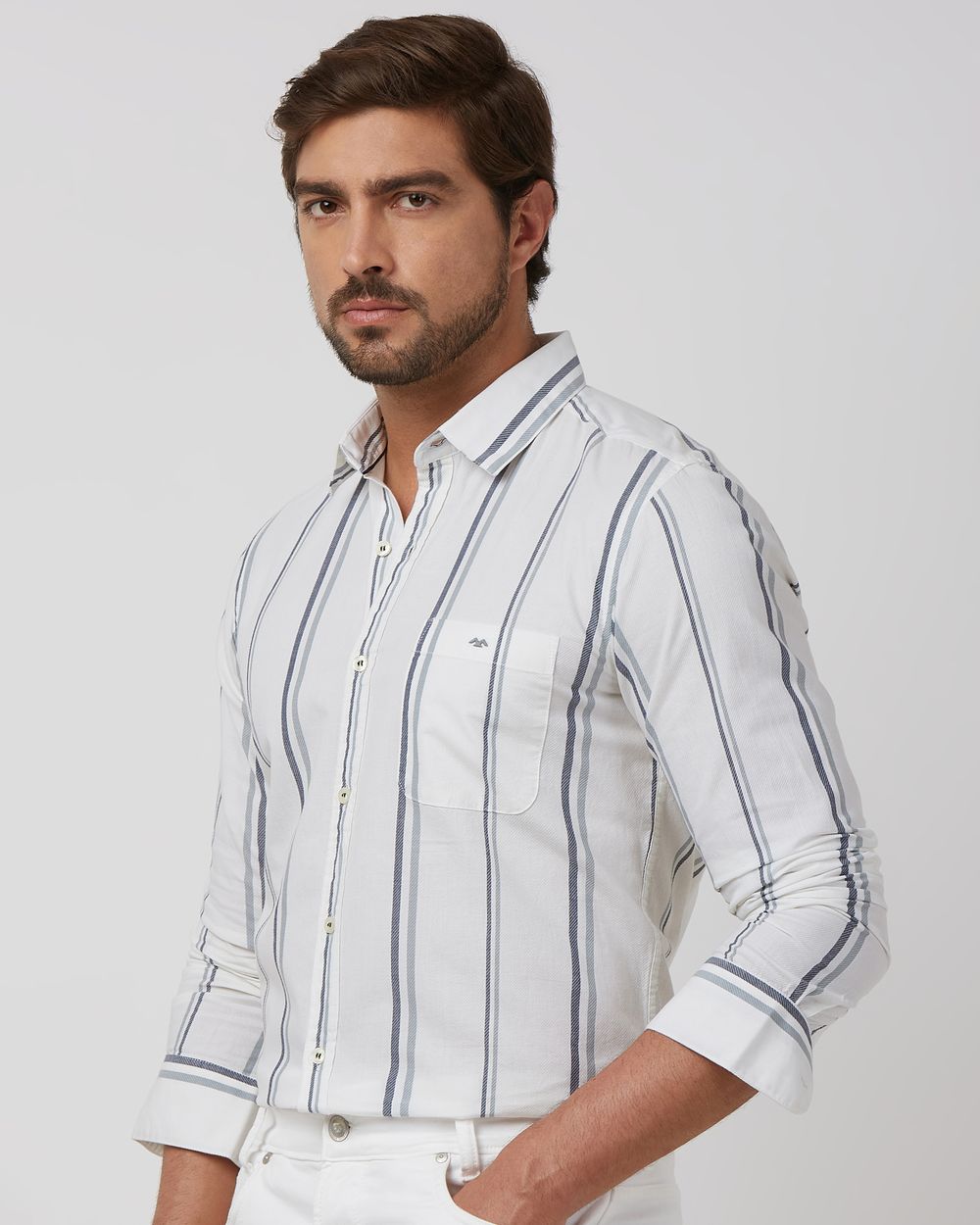 White Wide Stripe Slim Fit Casual Shirt