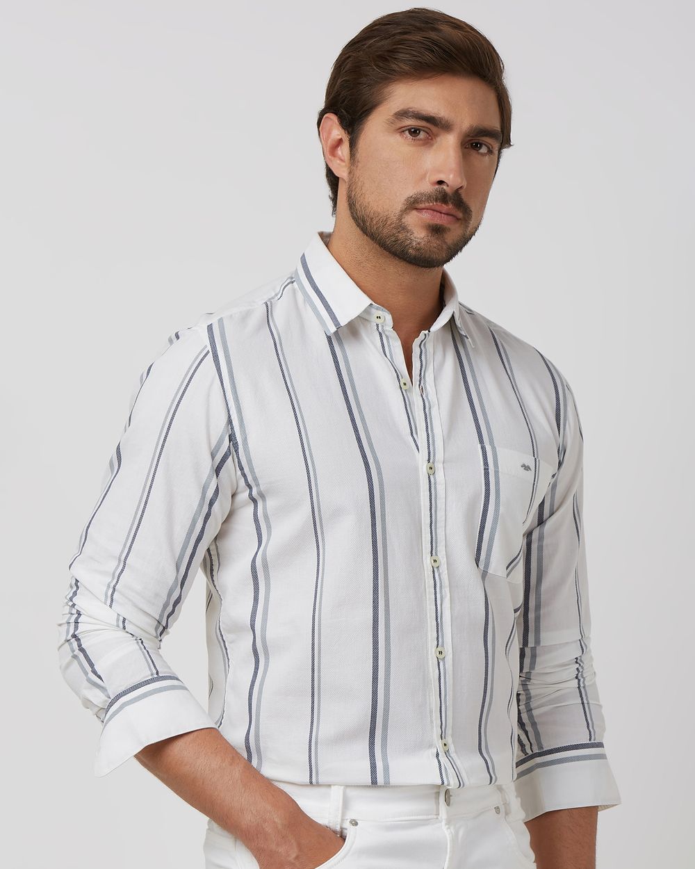 White Wide Stripe Slim Fit Casual Shirt
