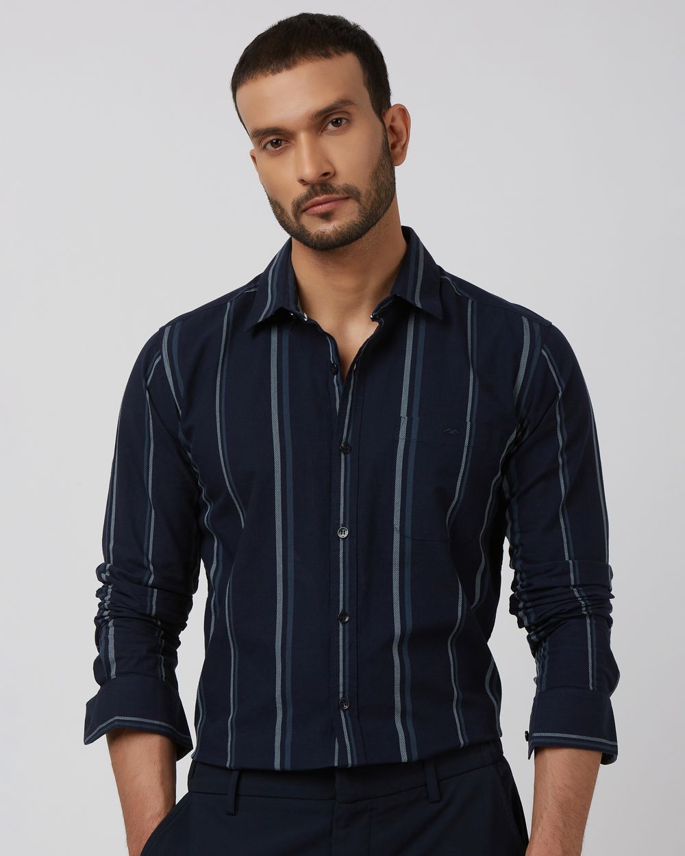 Navy Wide Stripe Slim Fit Casual Shirt