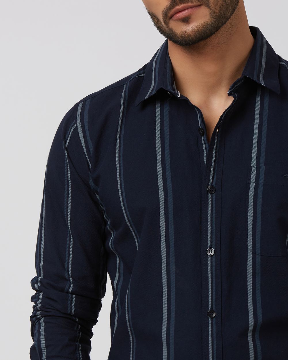 Navy Wide Stripe Slim Fit Casual Shirt