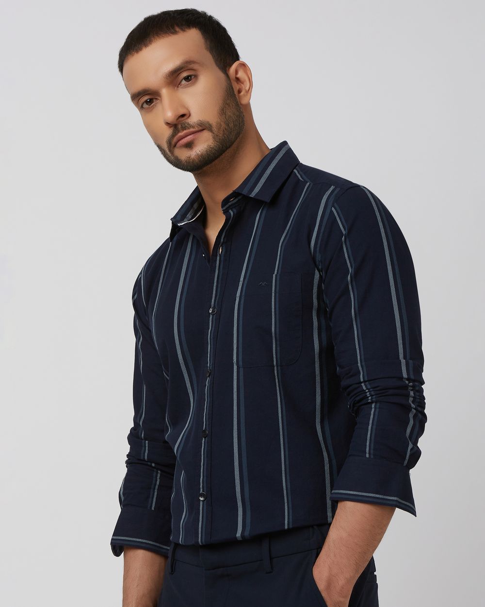Navy Wide Stripe Slim Fit Casual Shirt
