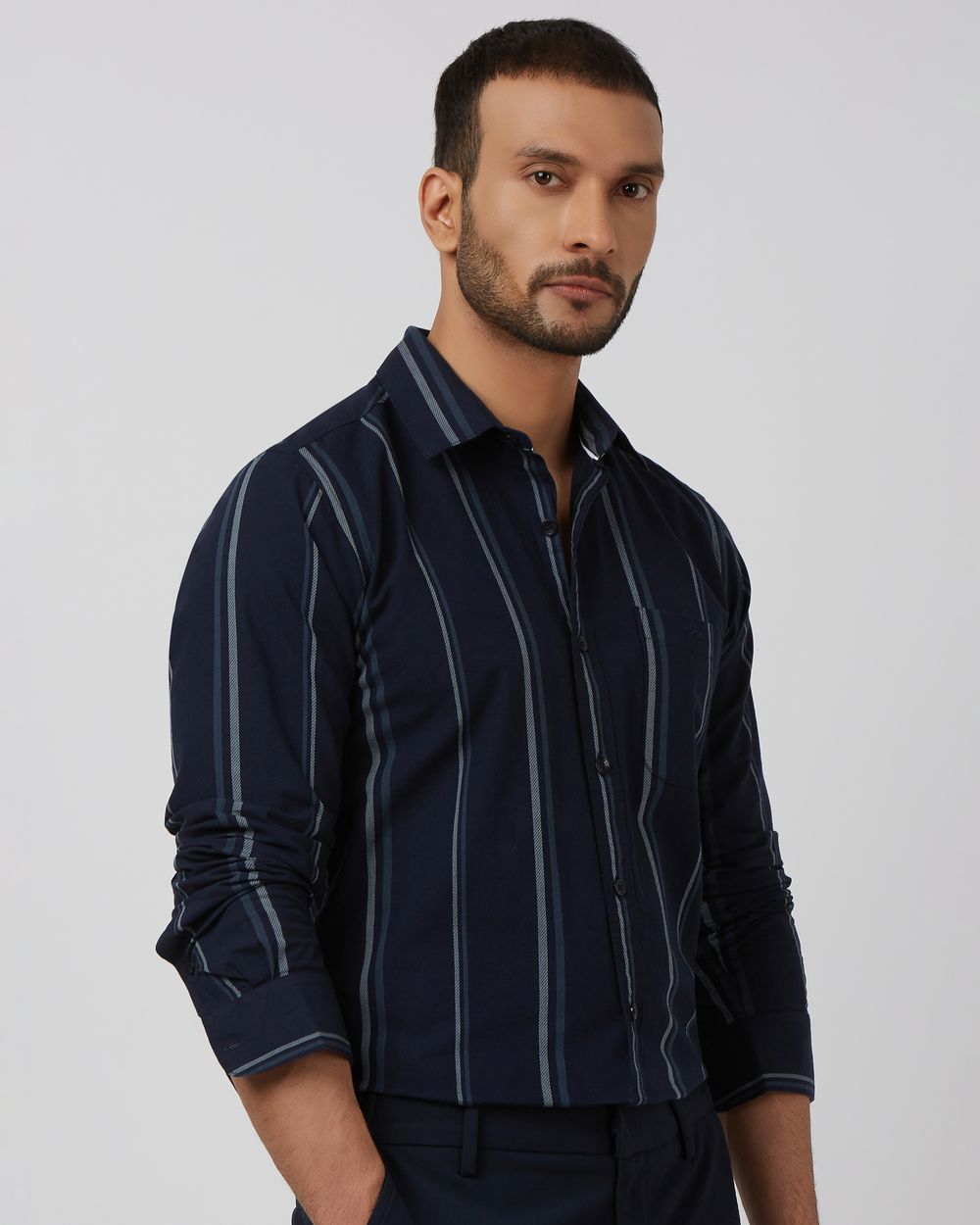 Navy Wide Stripe Slim Fit Casual Shirt