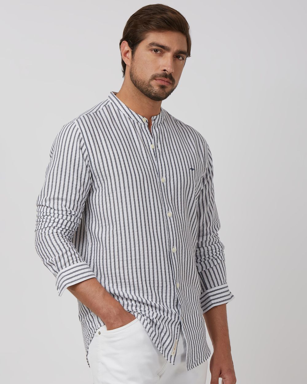White Textured Stripe Slim Fit Casual Shirt